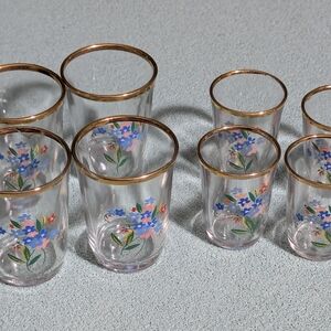 Eight 50s/60s FRENCH VINTAGE GOLD RIM FLOWER SHOT GLASSES- 1.8"(4) 2.25" (4)